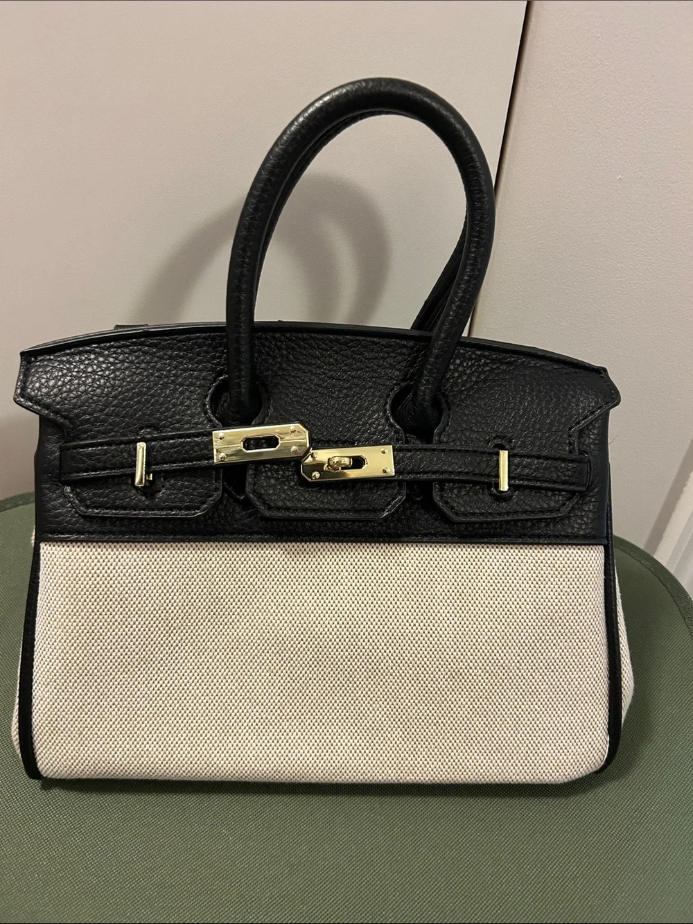 Black & Cream Leather-Trim Tote Handbag